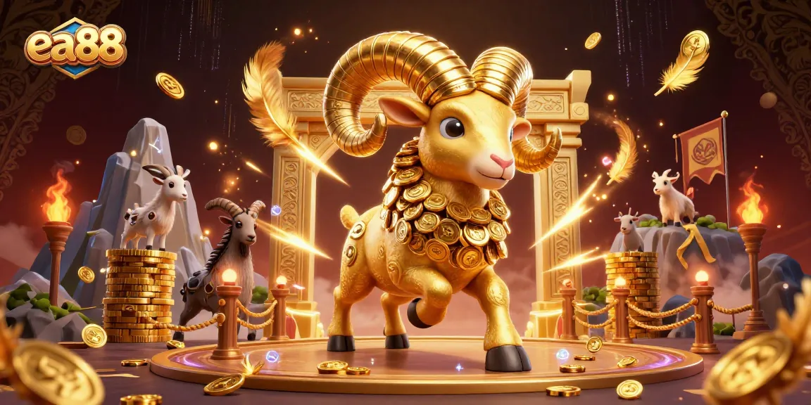 ea88 showcases a golden ram charging through a vibrant casino arena filled with treasures.