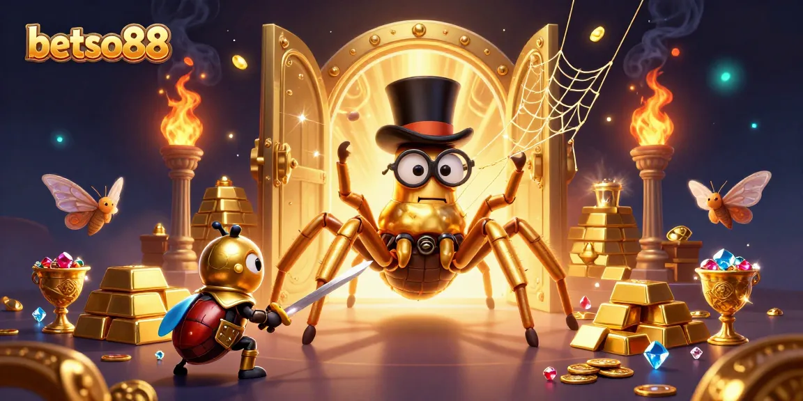 Join the betso88 adventure with a golden tarantula and beetle knight in an enchanting casino scene.