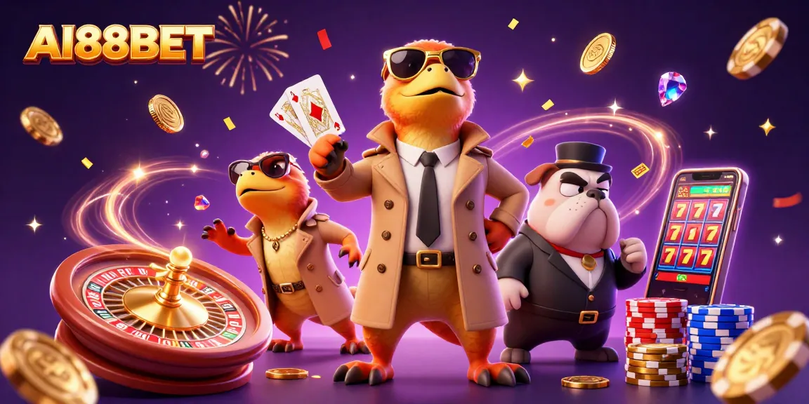 Watch AI88BET raptors amusingly attempt to enter a VIP casino, surrounded by vibrant game elements.