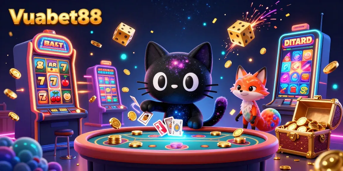 Engage with Vuabet88's thrilling casino universe featuring a black hole cat and vibrant, dynamic elements.