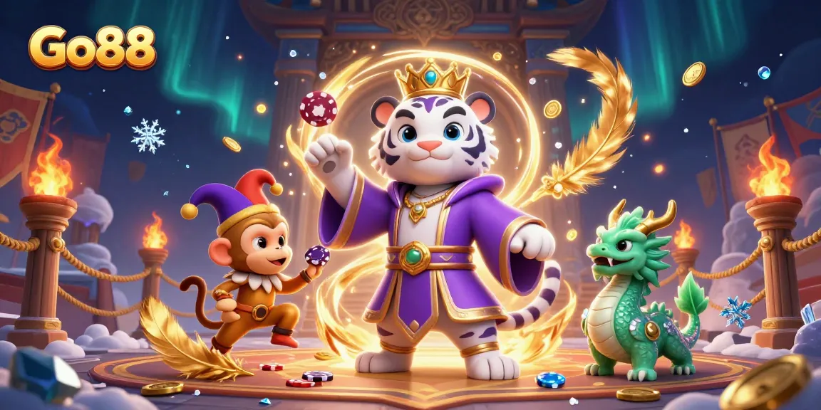 Spin the reels at Go88 while joining a white tiger, a golden monkey, and a jade dragon in a vibrant casino scene.