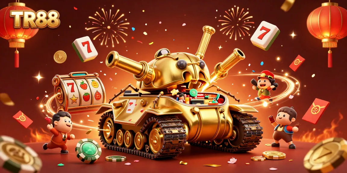Join the excitement with TR88's vibrant casino scene featuring a golden beetle tank and captivating slot game elements.