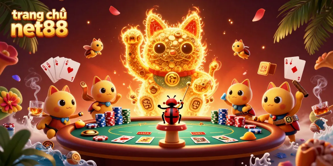 Experience the excitement of trang chủ net88 with vibrant casino symbols and a massive lucky cat illustration.