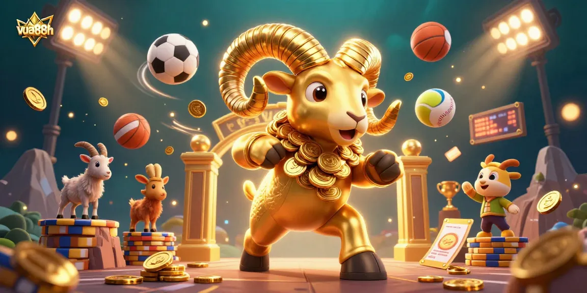 Join the action with vua88h, featuring a golden ram charging through a vibrant casino scene filled with exciting games.