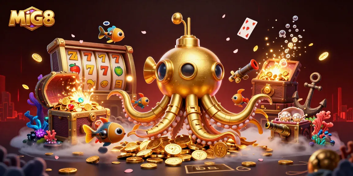 MIG8 offers an exciting gambling experience with a vibrant underwater scene featuring slots and gold coins.