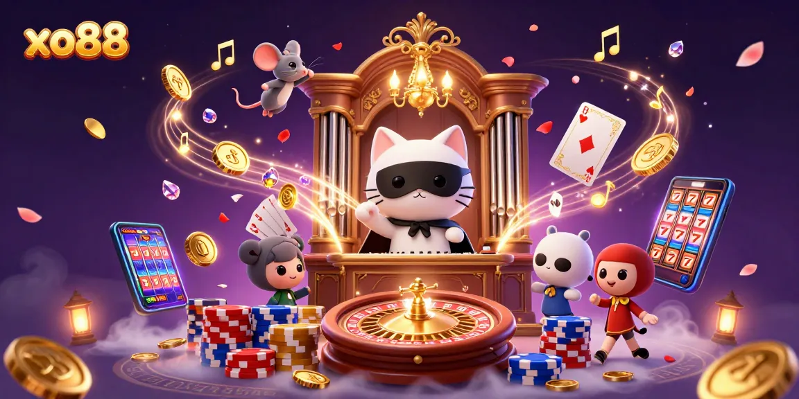 Experience the magic of xo88 with a dynamic casino scene featuring whimsical characters and sparkling game elements.
