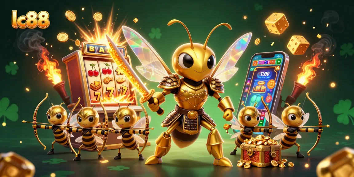 Engage in thrilling slots at lc88 with a lively scene of winning characters and jackpot elements.