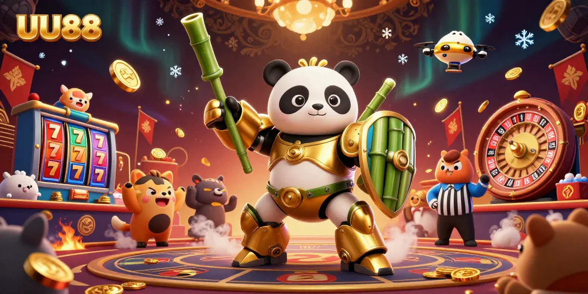 Engage in thrilling games at UU88 with a golden panda fighting robot in a vibrant casino atmosphere.