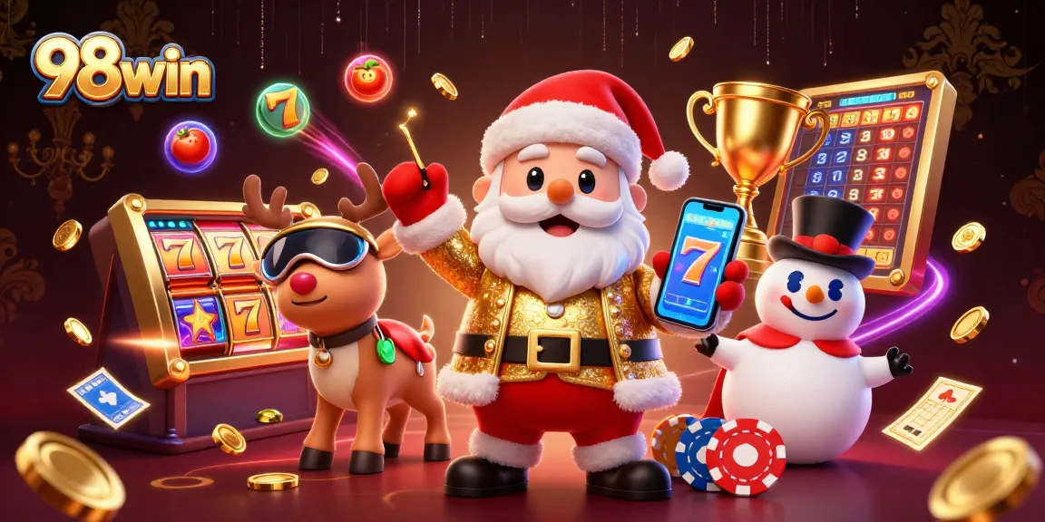 Play thrilling slots with 98win's cartoon Santa, reindeer dealer, and poker chip snowman.