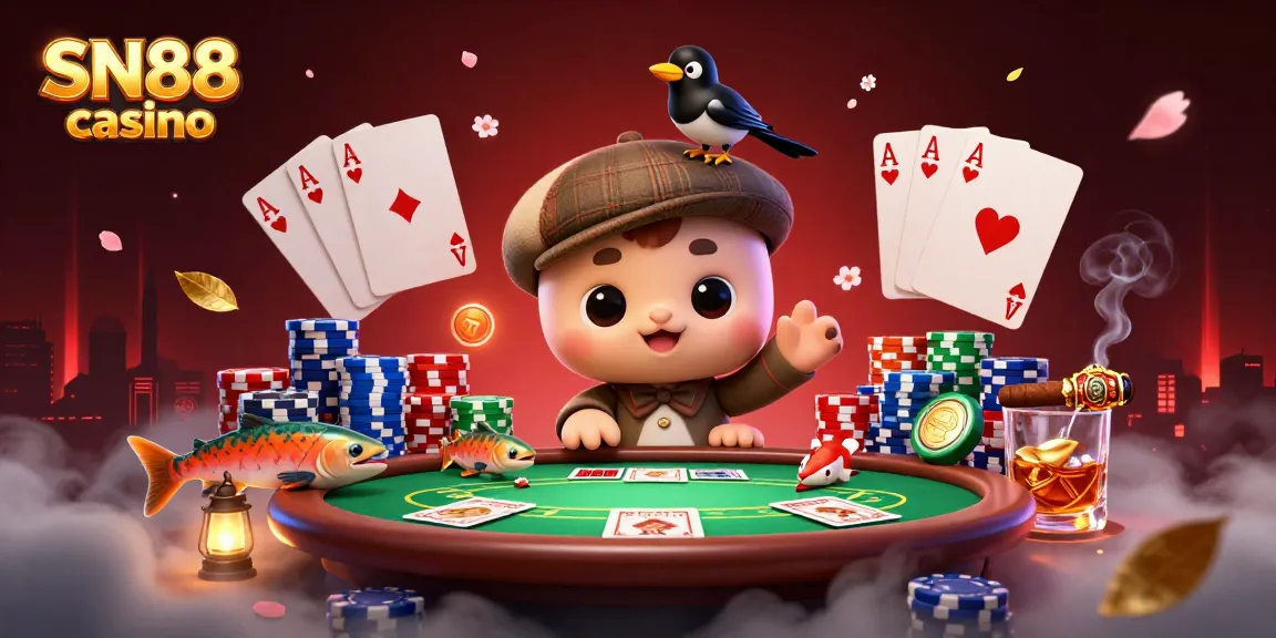 Experience thrilling gameplay at SN88 casino with a colorful gaming scene including playful characters and poker elements.