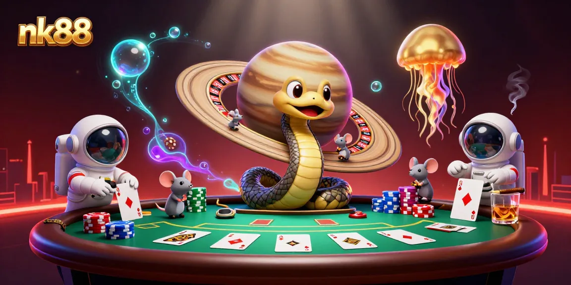 nk88 engages players with astronaut mice and a cosmic dealer in a vibrant gambling scene