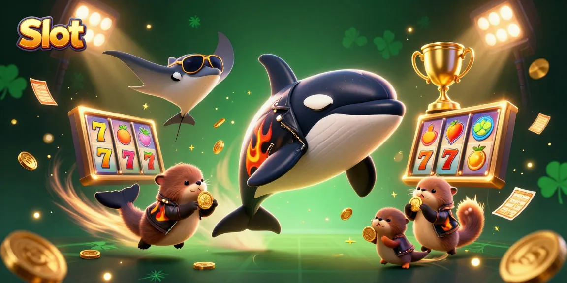 Slot memberi hadiah besar dengan simbol buah dan koin emas oleh paus orca, ikan pari, dan berang-berang