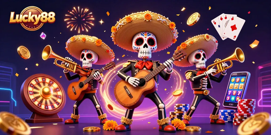 Celebrate wins at Lucky88 with dynamic graphics of a mariachi band amidst casino elements.