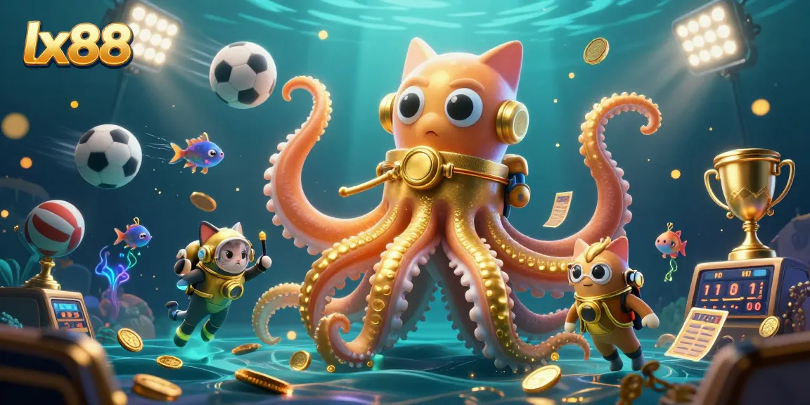 Engage with lx88 as a kraken emerges from treasure-filled depths alongside a diving cat.