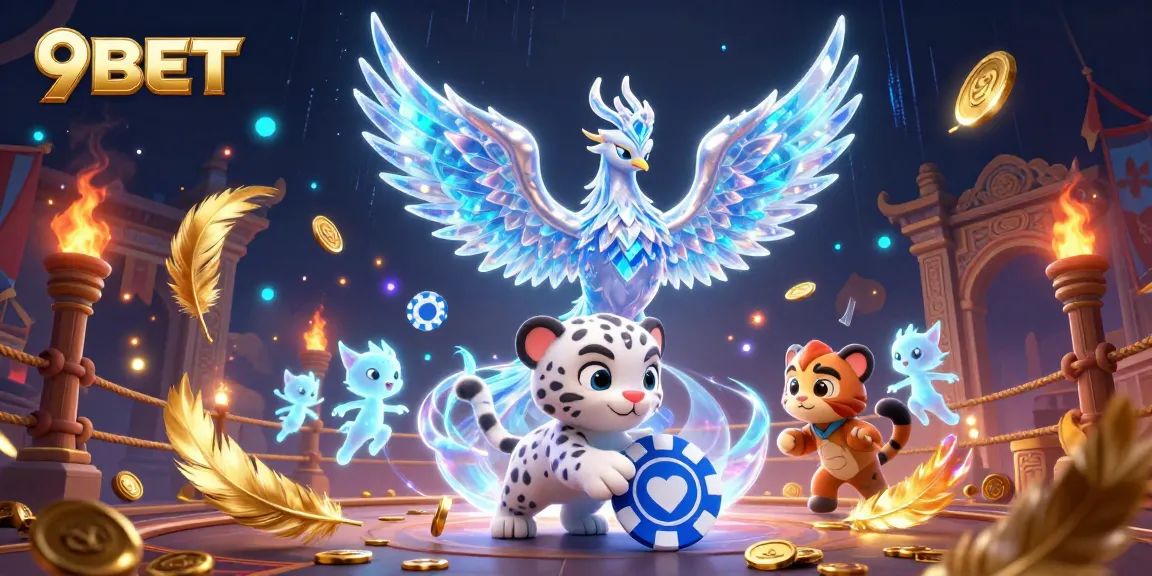 9BET enhances the gaming experience with a vibrant 3D illustration showcasing dynamic casino elements.