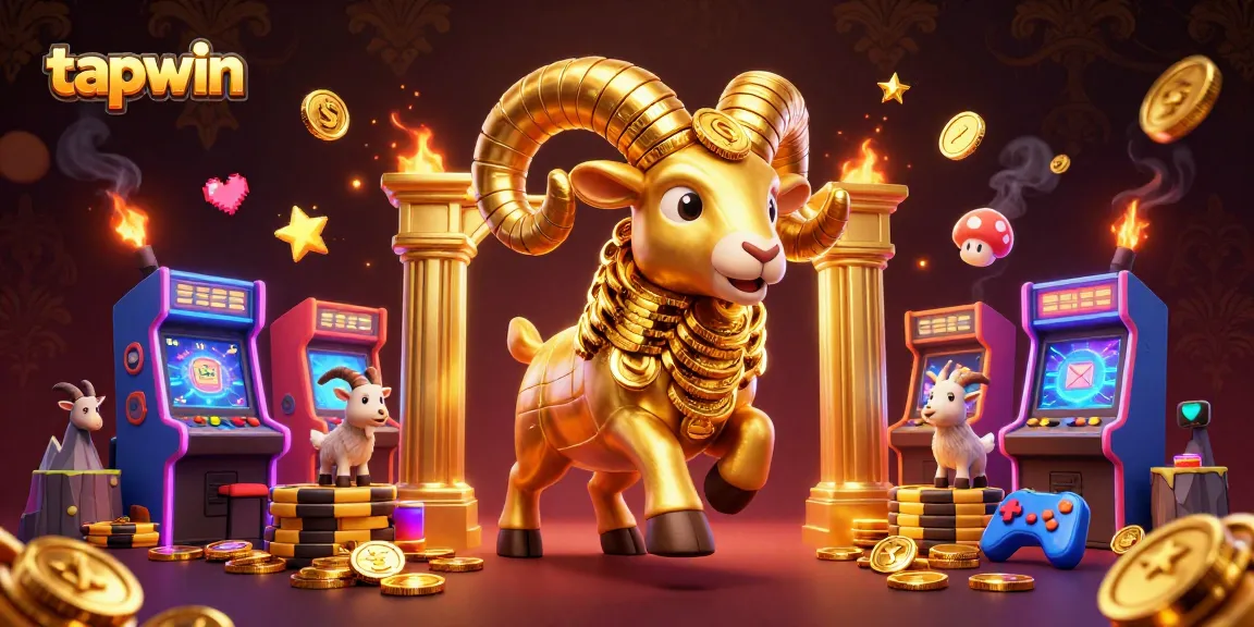 Tapwin showcases a thrilling golden ram charging through a casino-themed arcade filled with vibrant game elements.