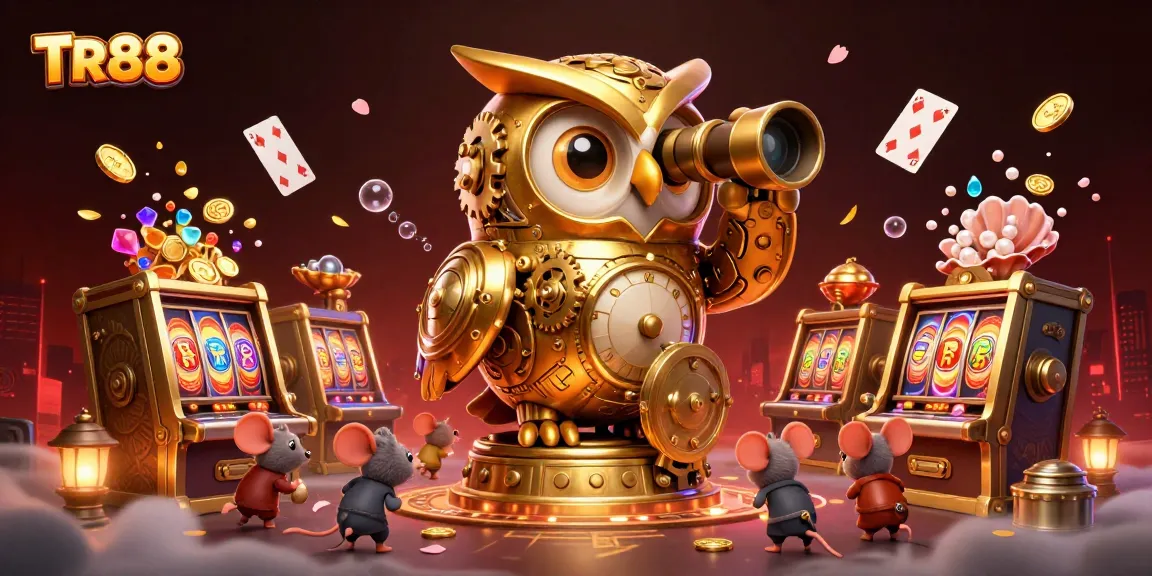 Experience excitement at TR88 with a golden owl overseeing spinning slot reels and colorful treasures.