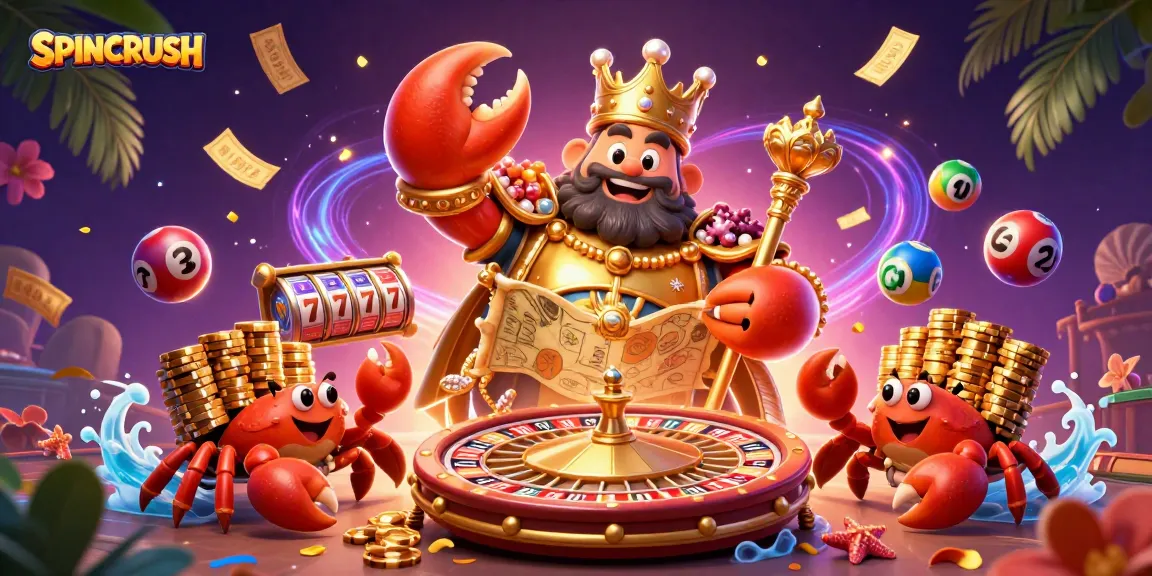 SpinCRUSH energetically showcases a golden crab emperor presiding over vibrant casino games, capturing excitement.