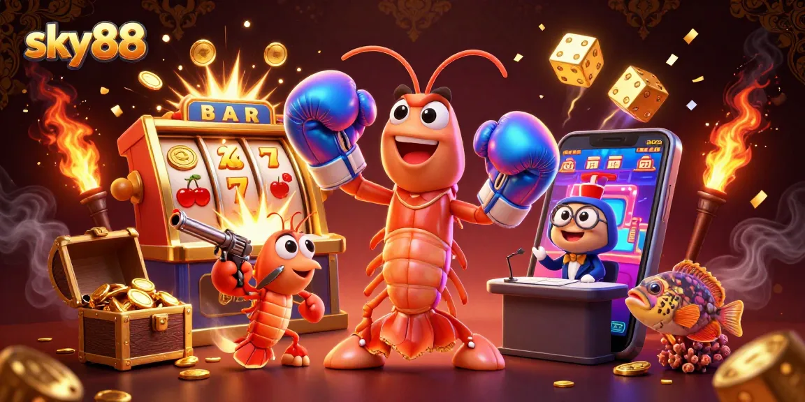 Spin for fortune with sky88 – vibrant 3D casino scene featuring animated shrimp characters and slot machines