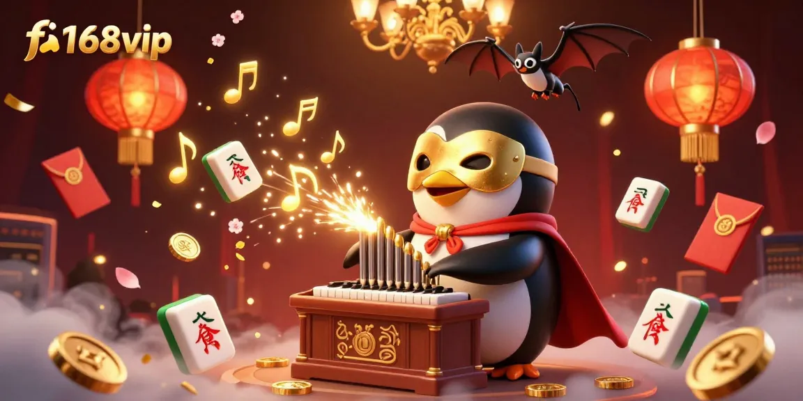 Experience the vibrant f168vip casino scene with a phantom penguin and golden coins.