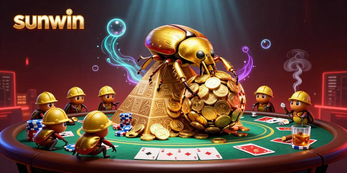 Experience the thrill of sunwin with a vibrant casino-themed scene featuring cartoon beetles and poker elements.