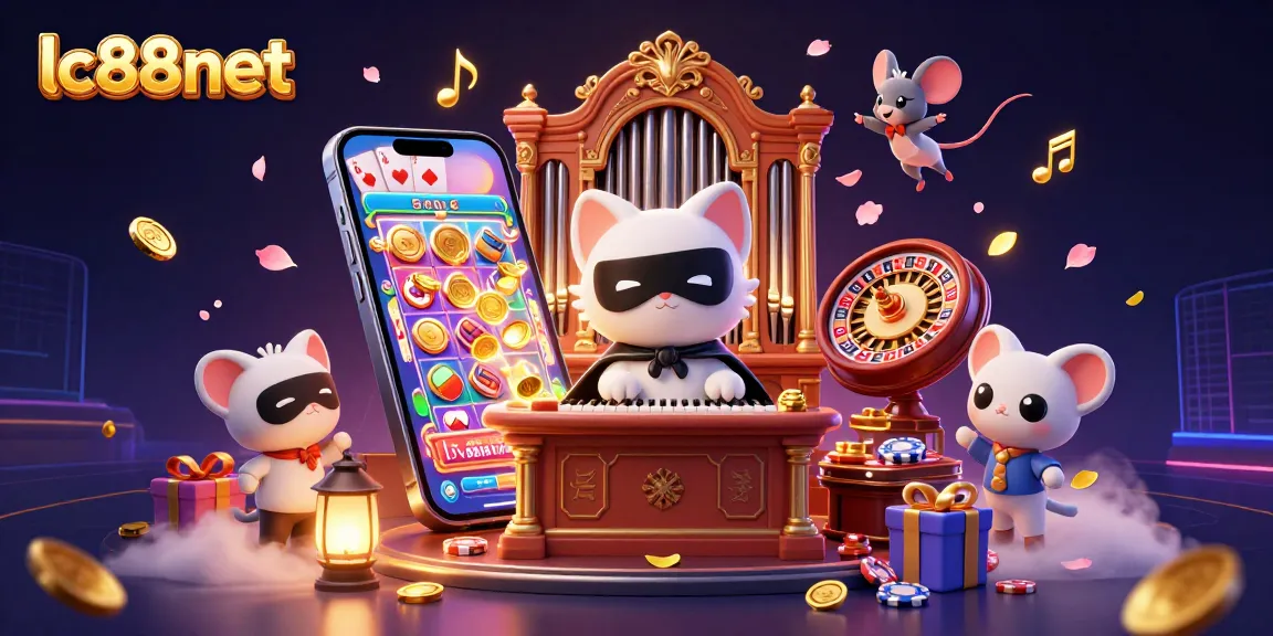 Spin vibrant reels at lc88net with cartoon characters in a lively casino setting surrounded by gaming elements.