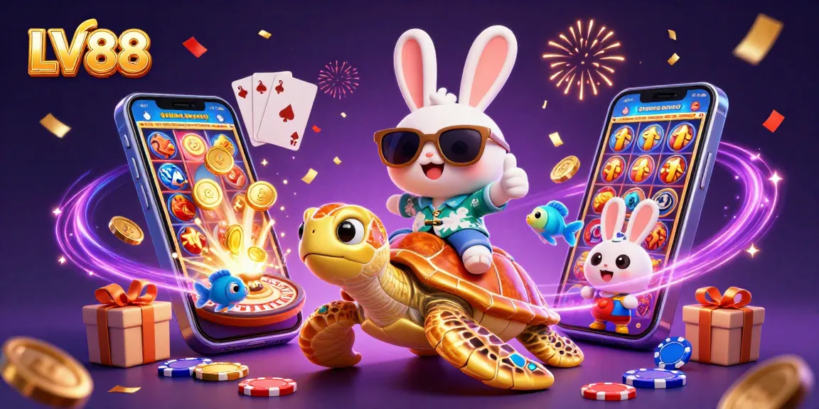 Experience excitement with LV88's vibrant casino scene featuring playful characters and dynamic game elements.