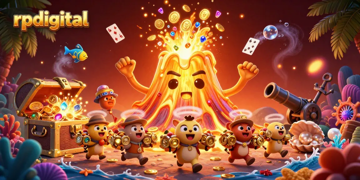 Explore vibrant treasures in a dynamic rpdigital 3D casino scene with erupting volcano and floating gems.