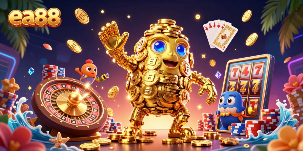 Experience the thrill of ea88 gaming with a vibrant 3D illustration showcasing golden golems, casino elements, and festive decorations.
