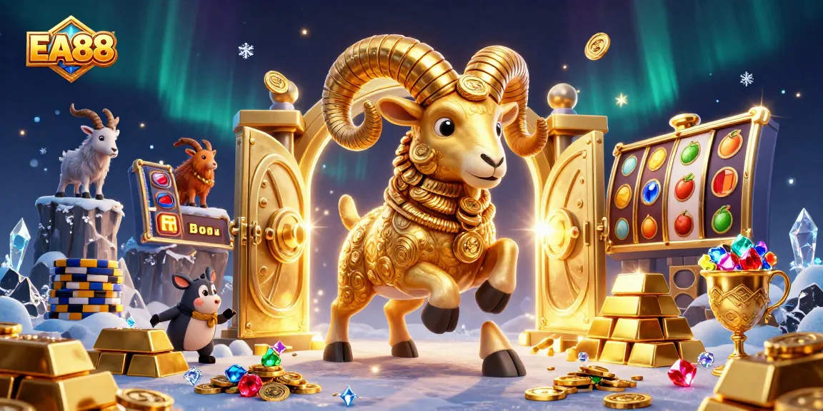 Experience thrilling wins at EA88 with a magical jackpot scene of a golden ram and treasures.