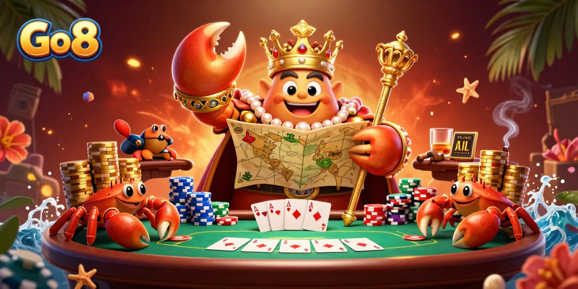 Go 8 players compete in a vibrant casino scene with a golden crab emperor and poker elements.